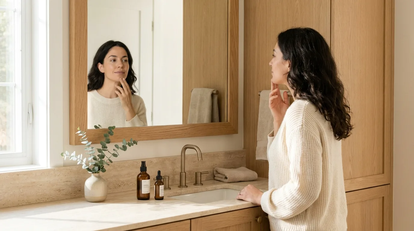 Woman checking her chin and jawline in the mirror